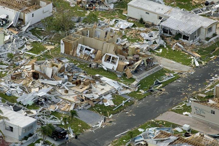 Aerial view of homes destroyed by a tornado