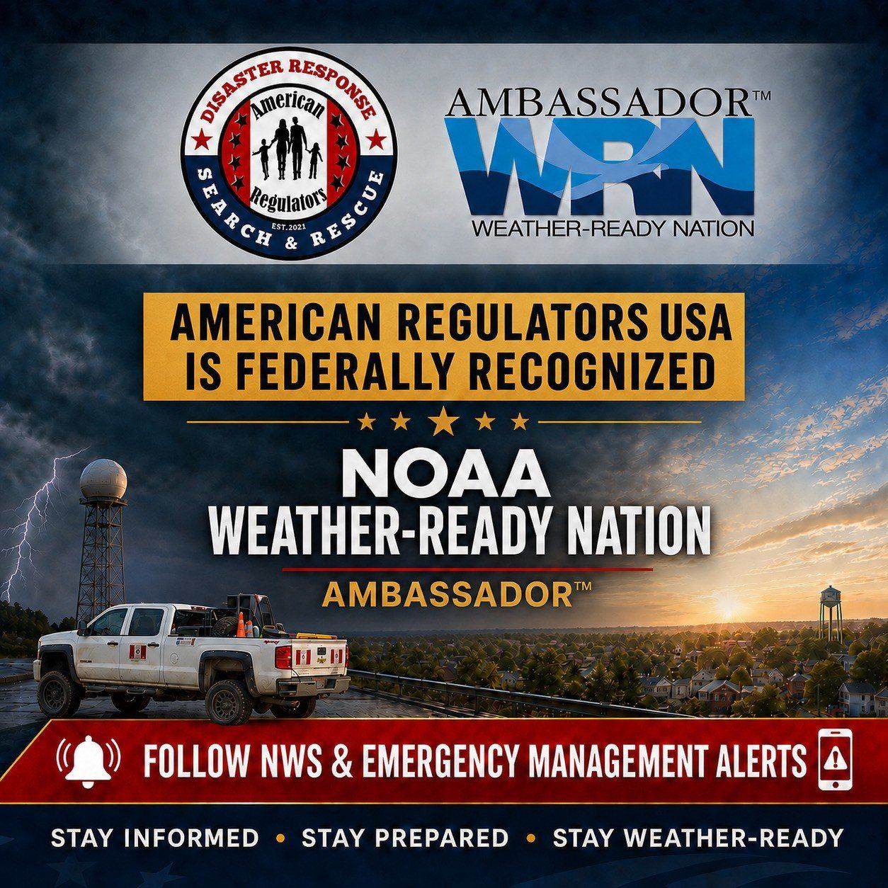 American Regulators USA is a NOAA Weather-Ready Nation Ambassador. Follow NWS and emergency management alerts. Stay informed, stay prepared, stay weather-ready.
